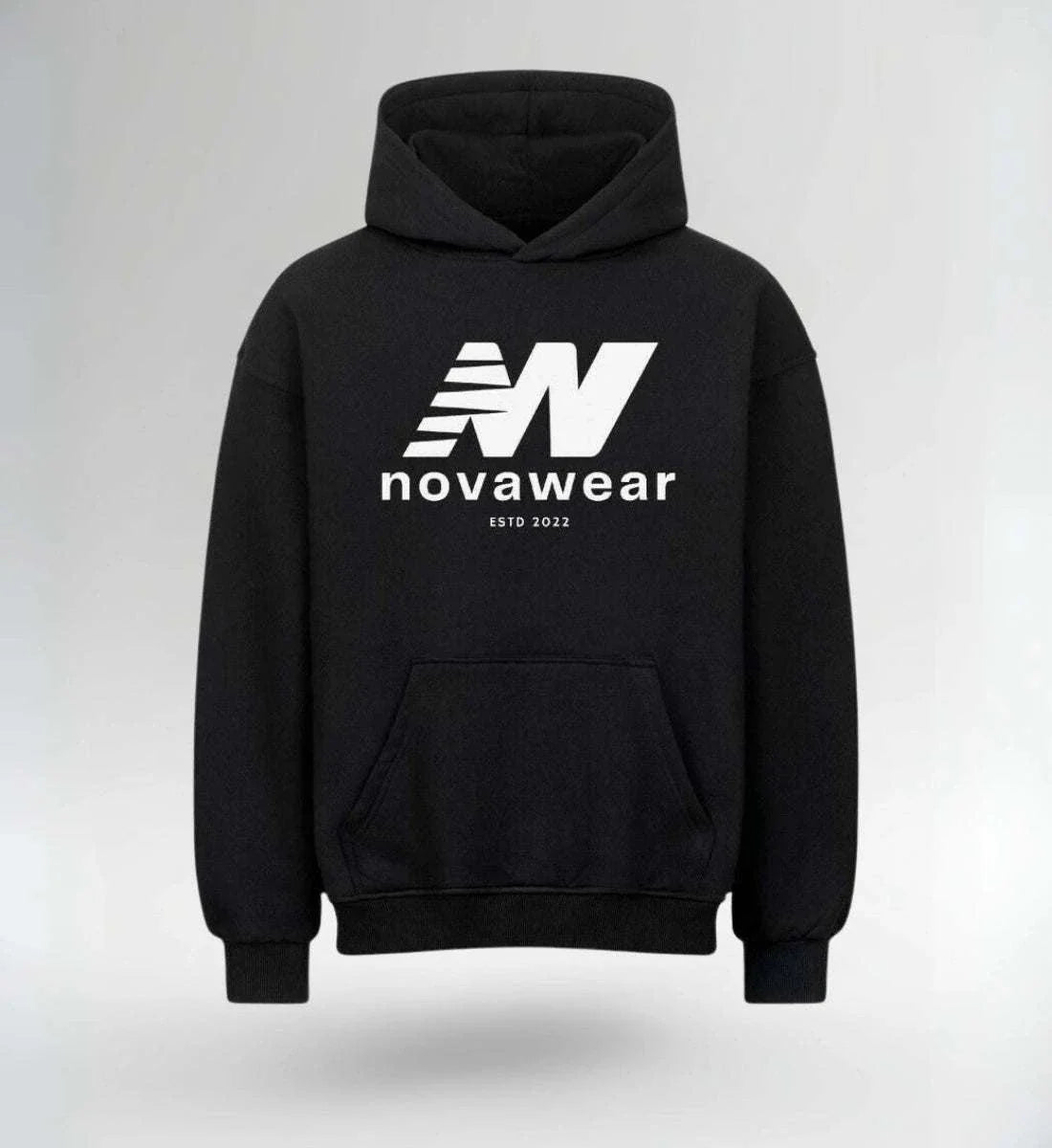 Image of Black NOVAWEAR® oversized hoodie with white logo print and kangaroo pocket
